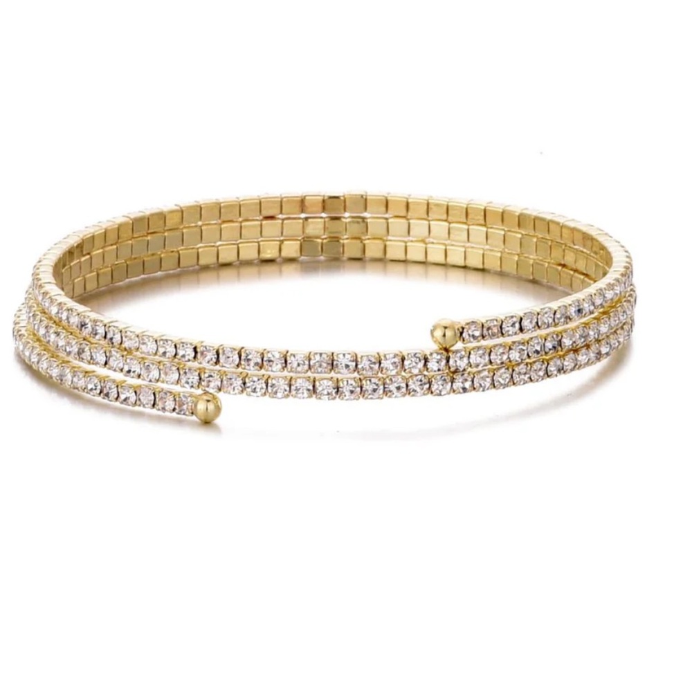 Gold Plated Triple Coil Crystal Tennis Stretch Bracelet